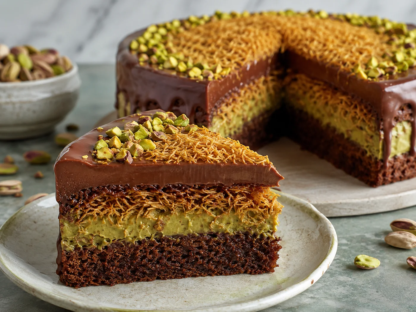Pistachio cake with a chocolate topping