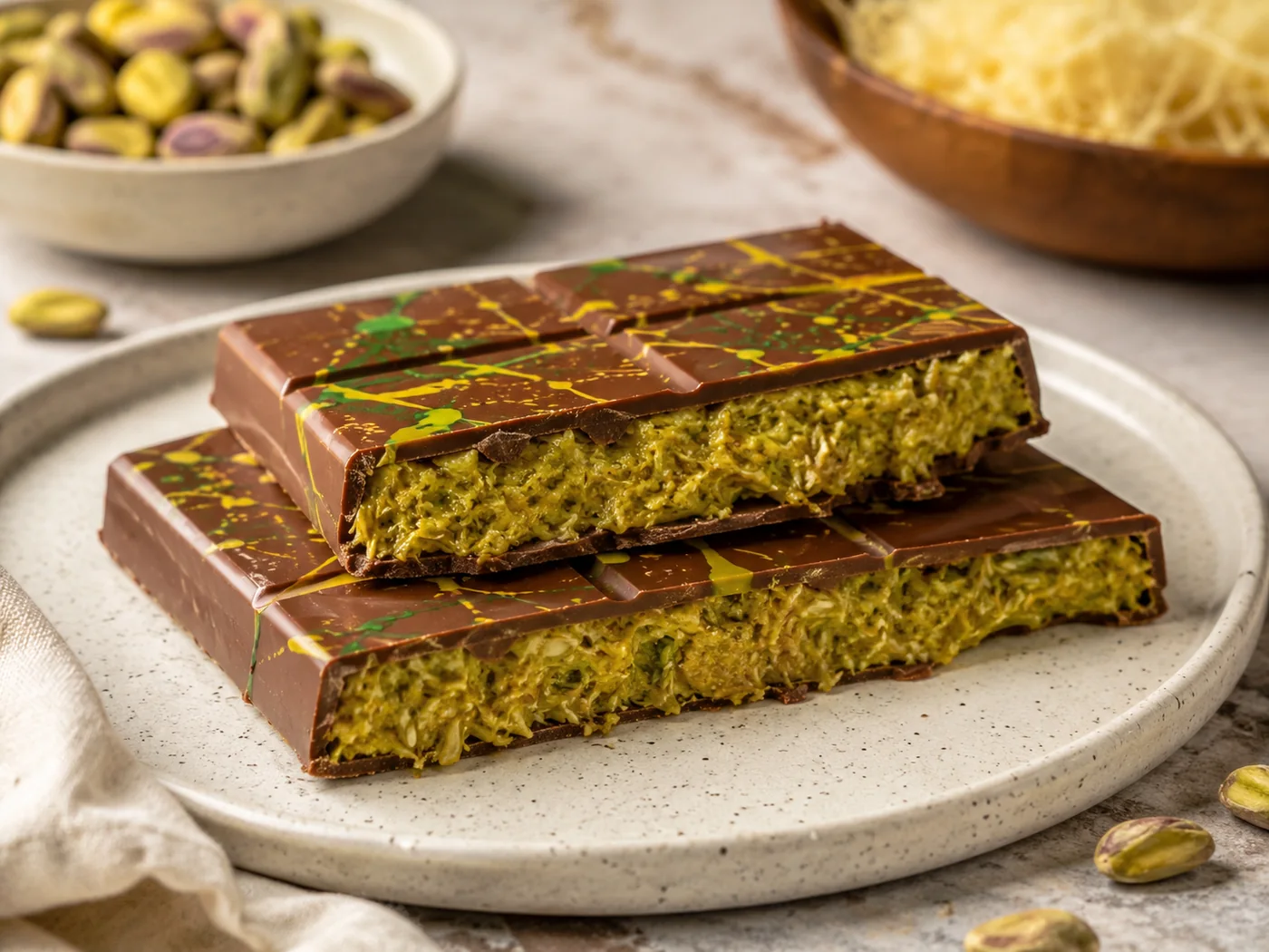 Chocolate bars with pistachio and kataifi