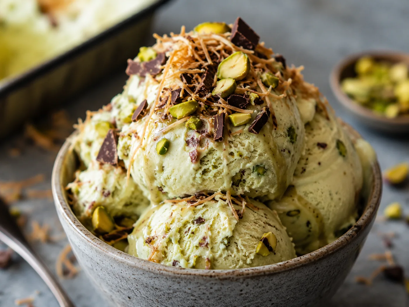 Creamy ice cream with pistachio and chocolate